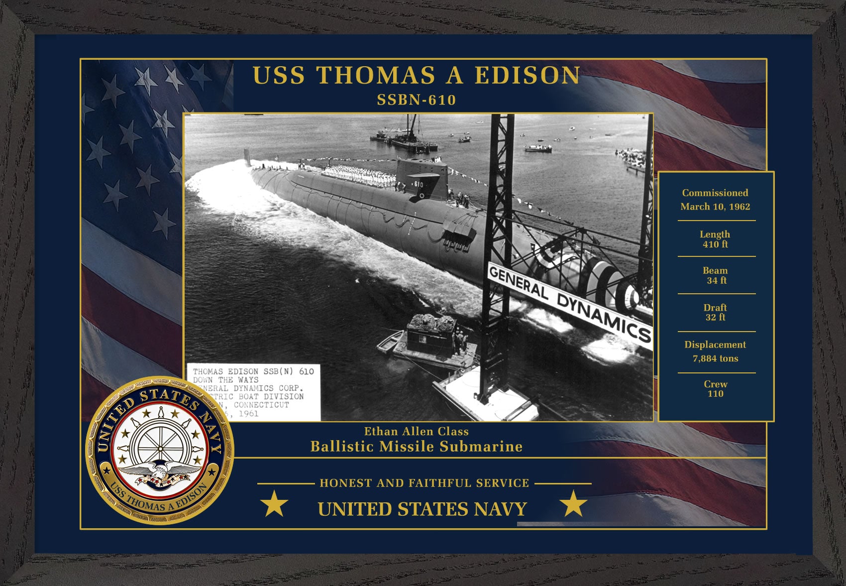 USS Thomas A Edison SSBN-610 Framed Patriotic Photo