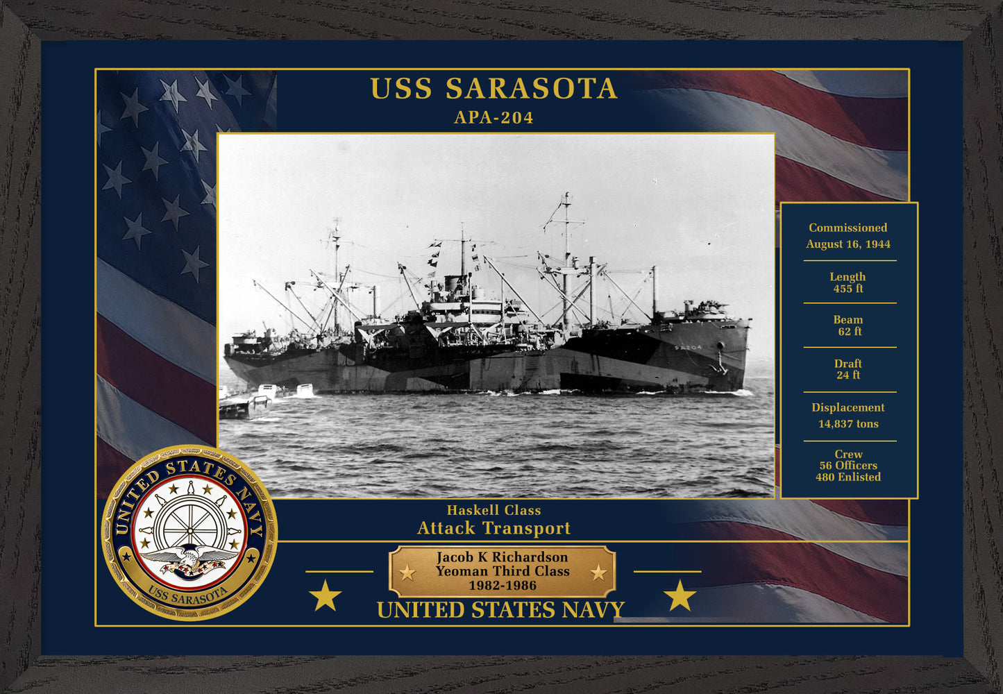 USS Sarasota APA-204 Framed Patriotic Photo