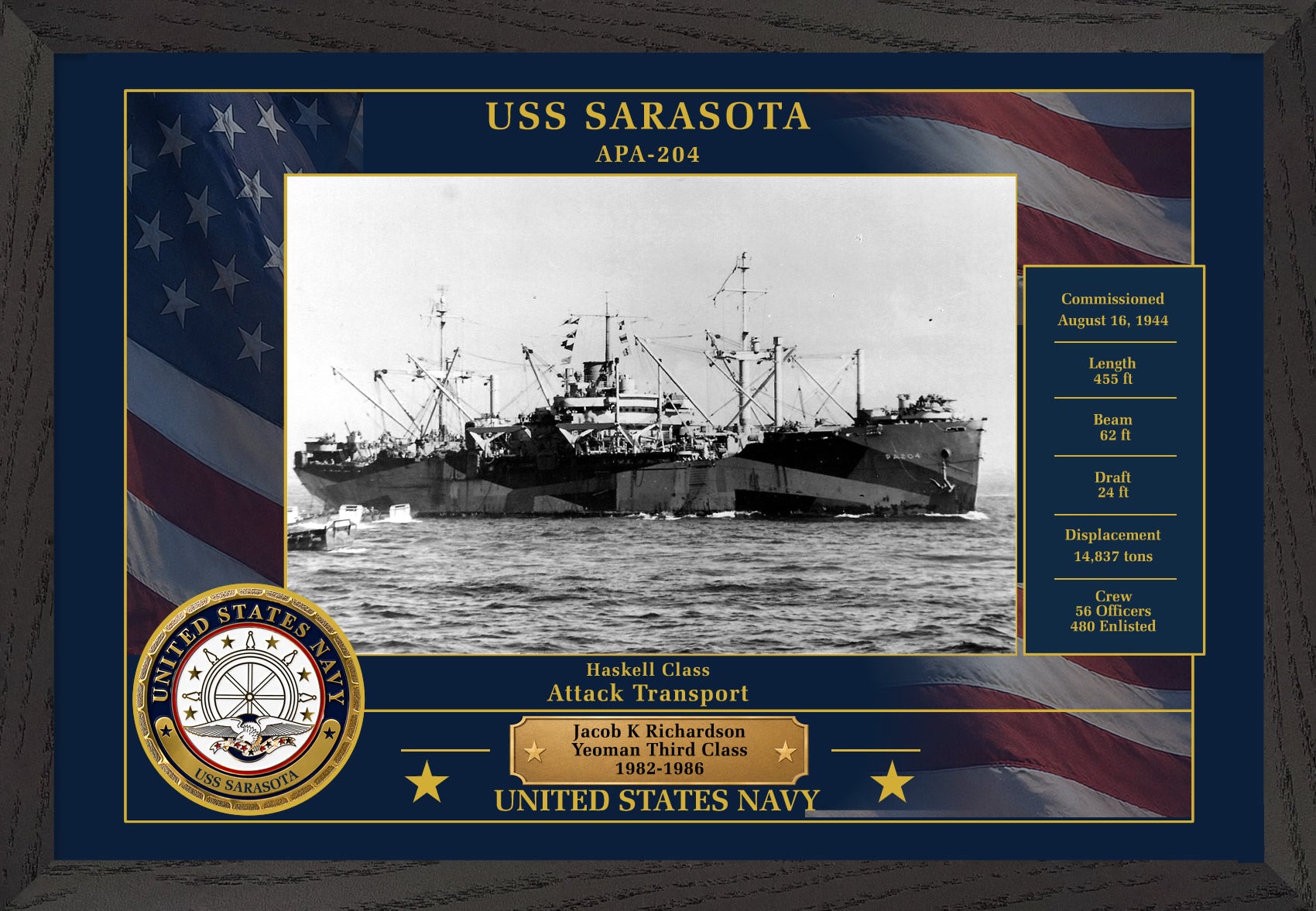 USS Sarasota APA-204 Framed Patriotic Photo