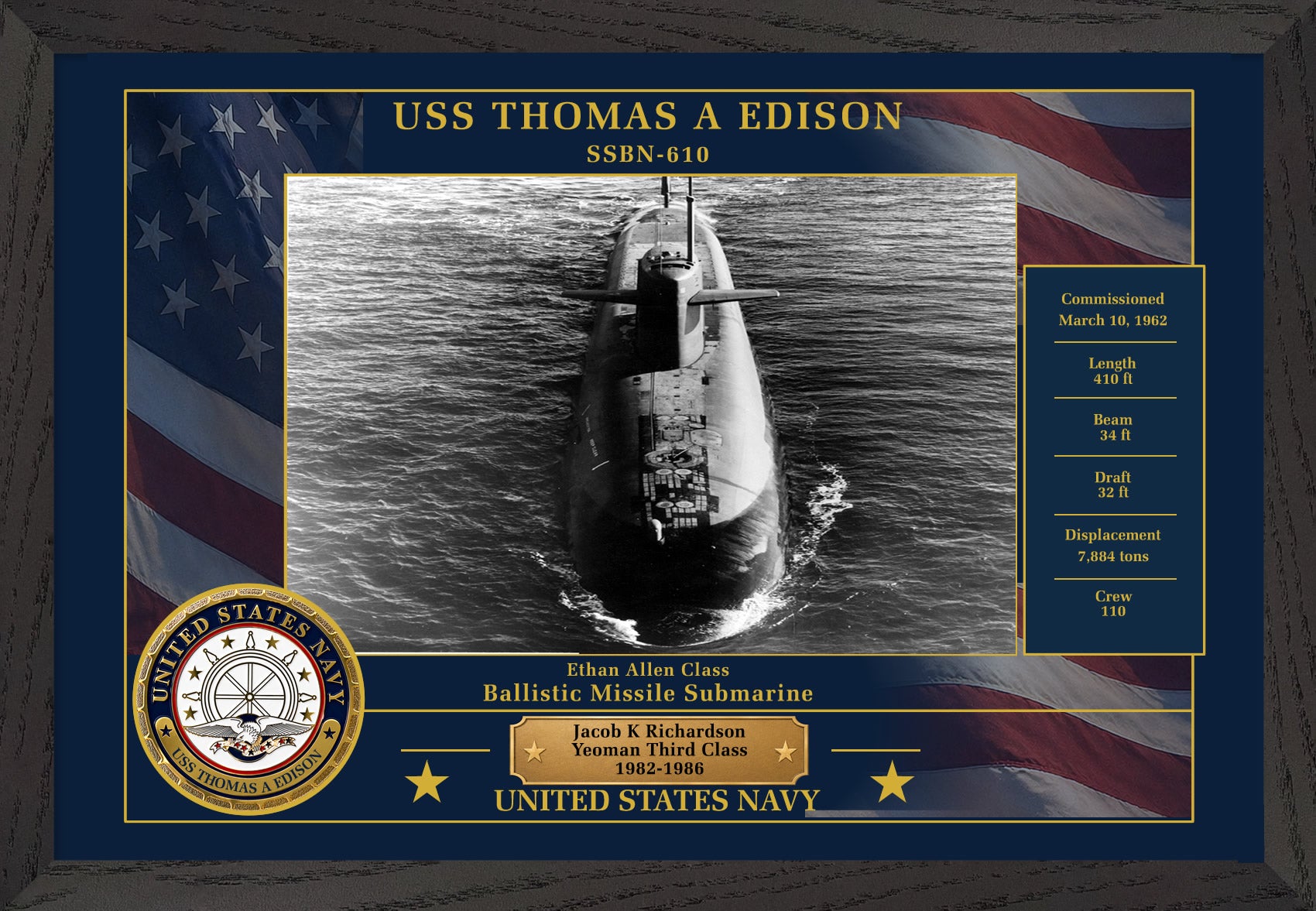 USS Thomas A Edison SSBN-610 Framed Patriotic Photo