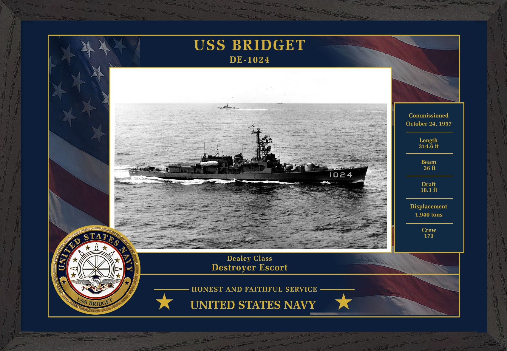USS Bridget DE-1024 Framed Patriotic Photo