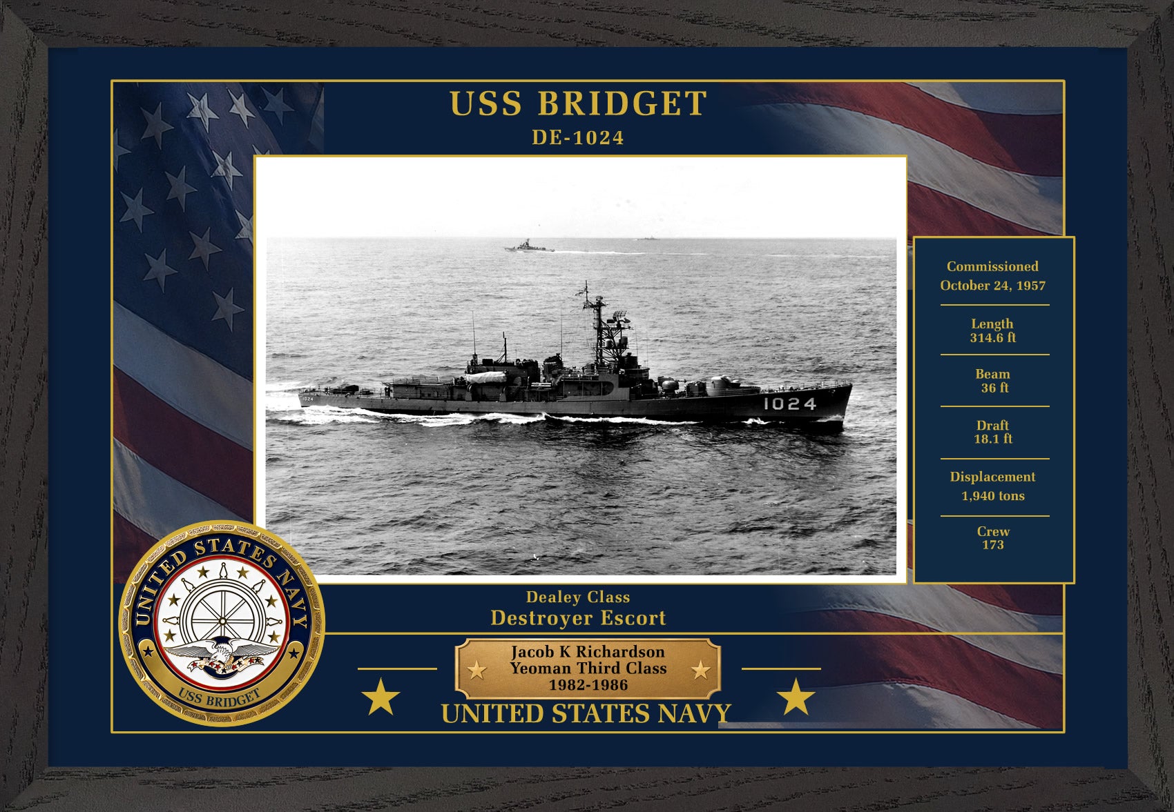 USS Bridget DE-1024 Framed Patriotic Photo