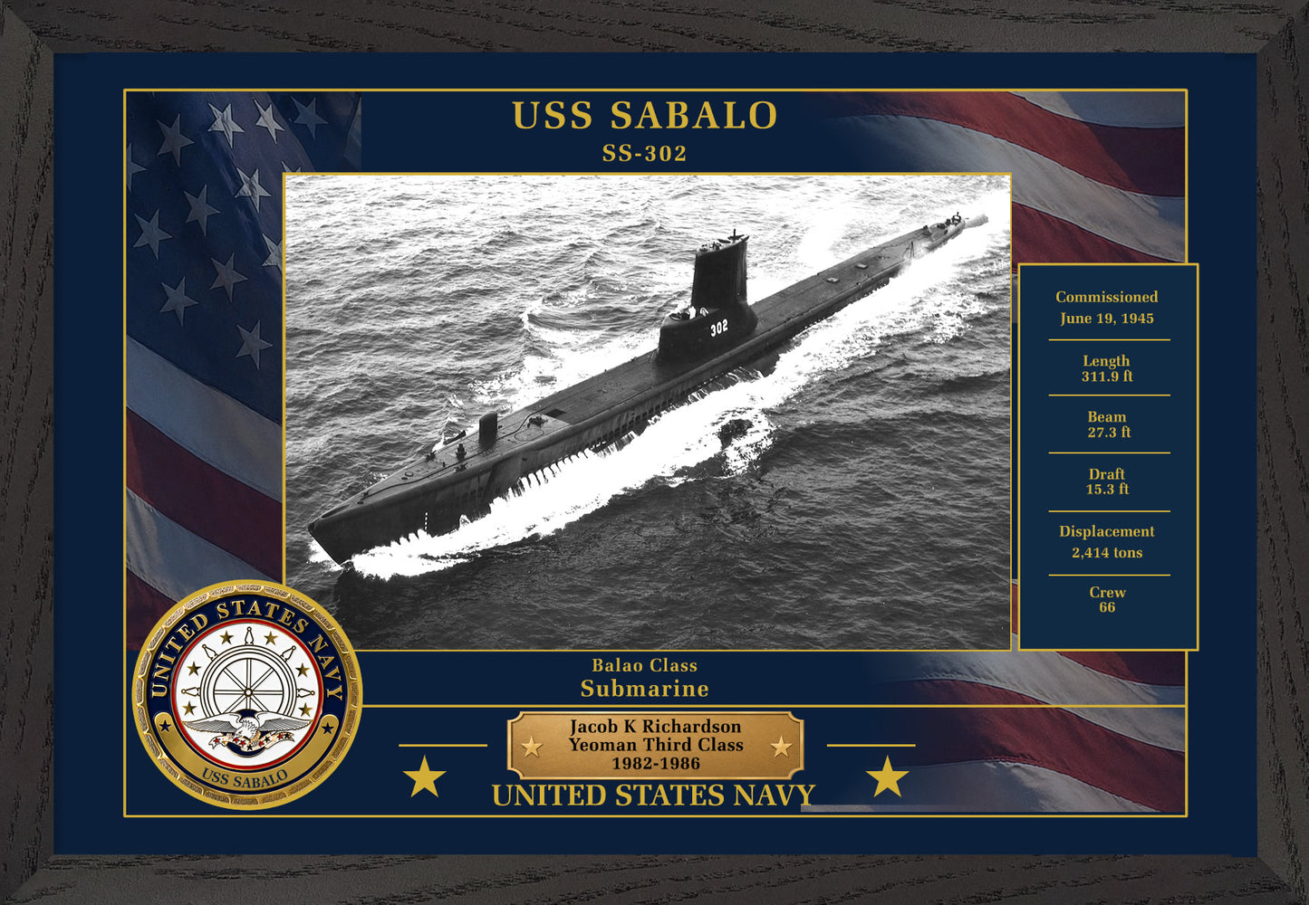 USS Sabalo SS-302 Framed Patriotic Photo