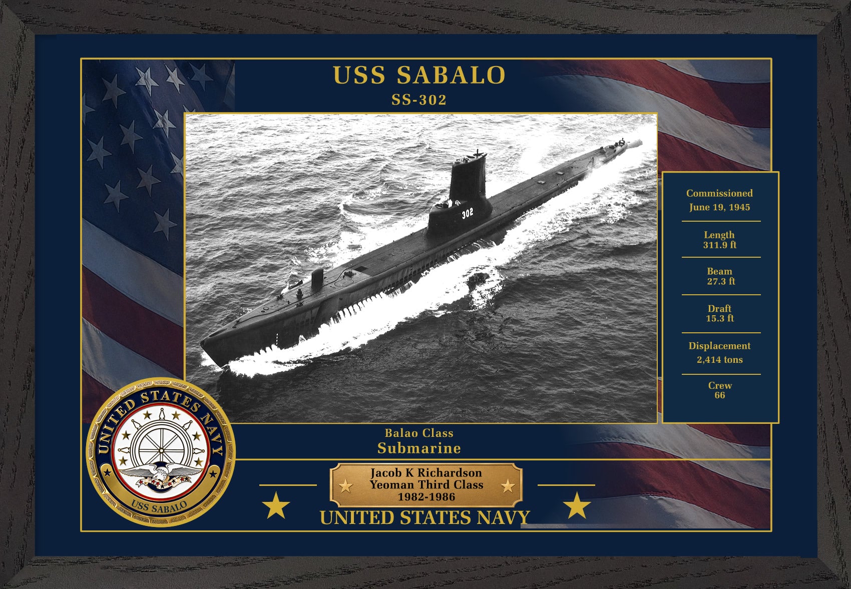 USS Sabalo SS-302 Framed Patriotic Photo