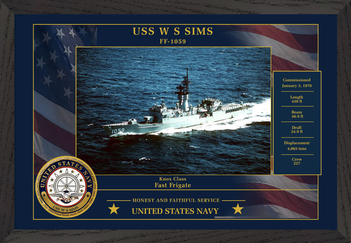 USS W S Sims FF-1059 Framed Patriotic Photo