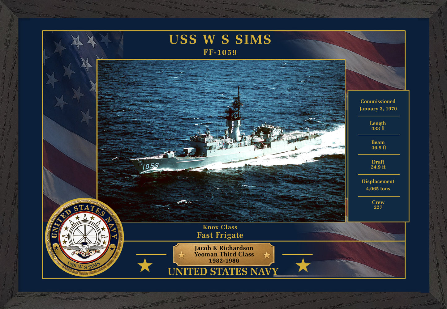USS W S Sims FF-1059 Framed Patriotic Photo