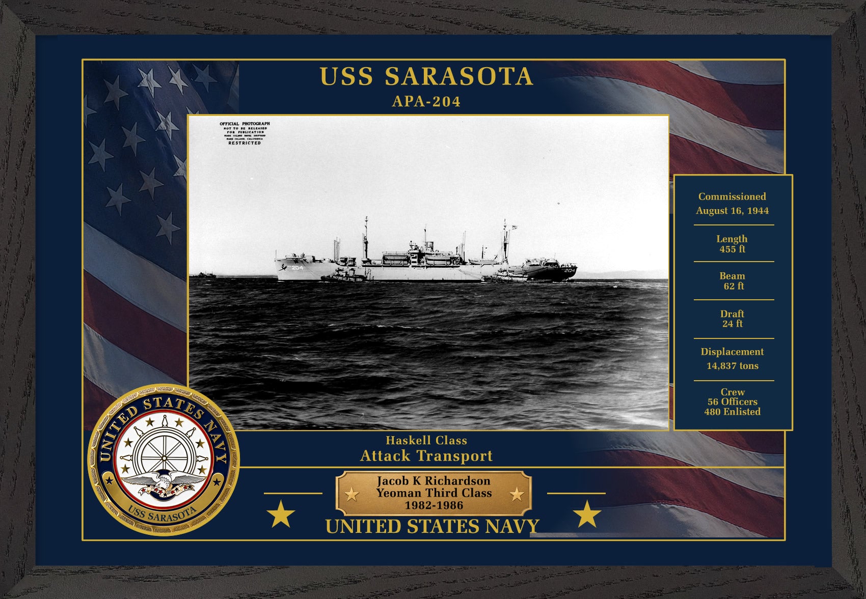 USS Sarasota APA-204 Framed Patriotic Photo