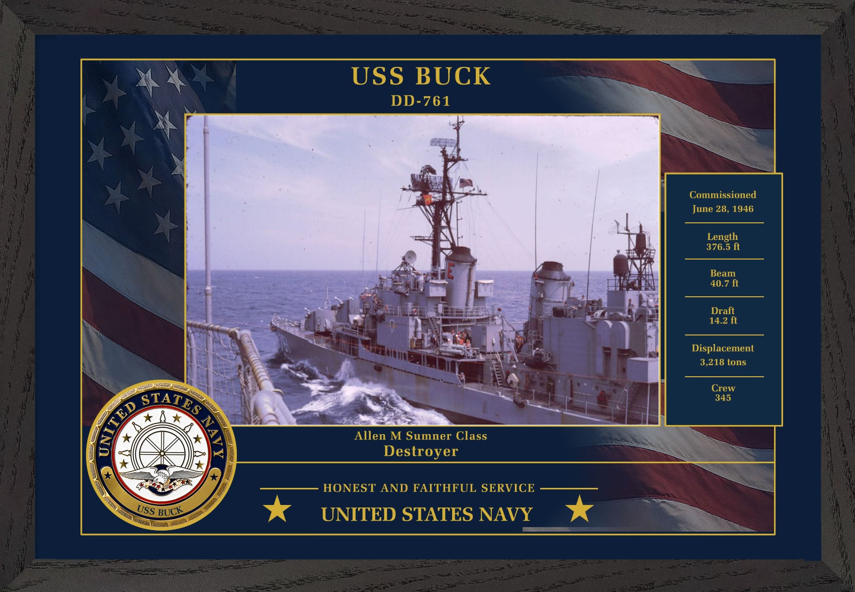 USS Buck DD-761 Framed Patriotic Photo