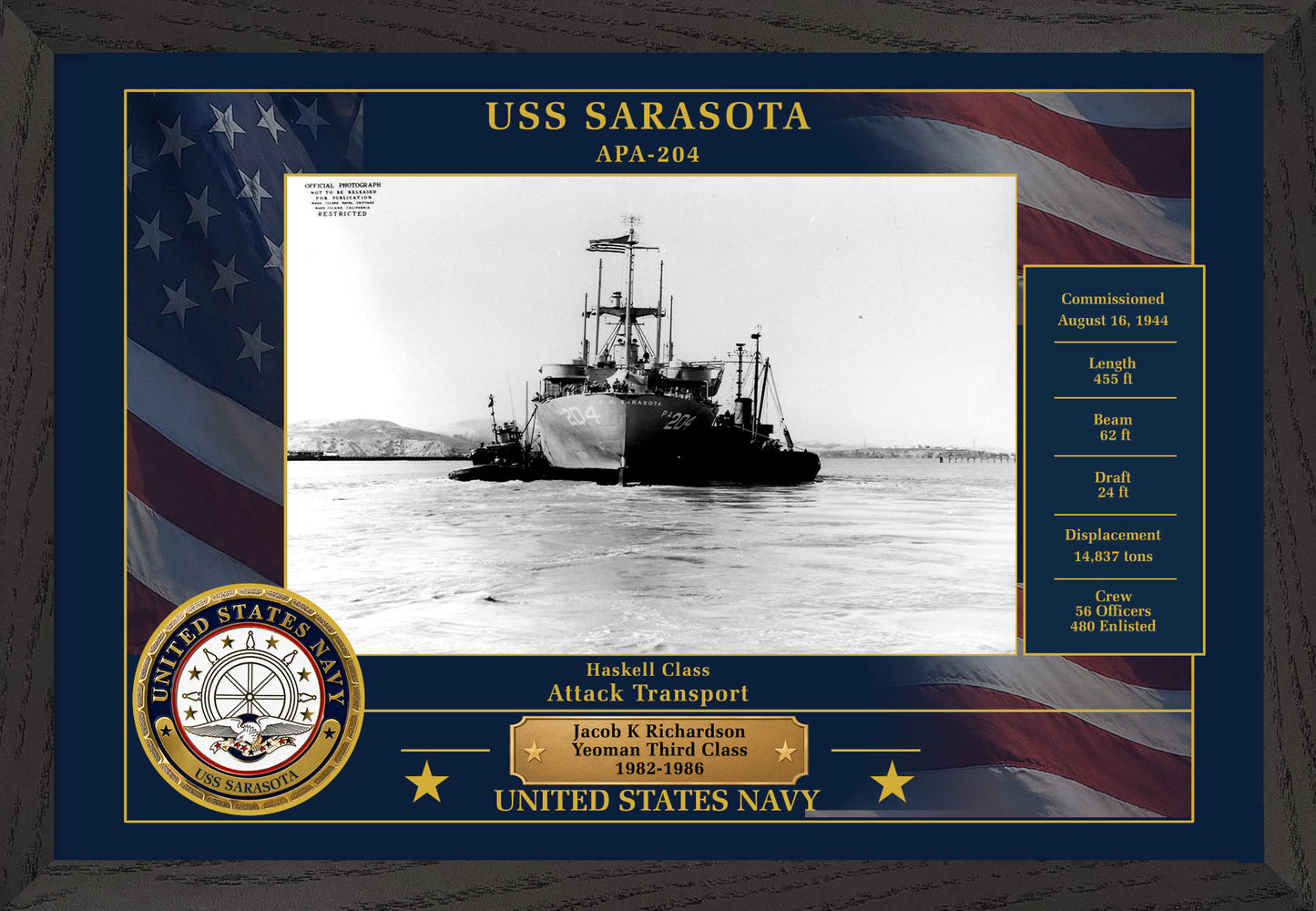 USS Sarasota APA-204 Framed Patriotic Photo