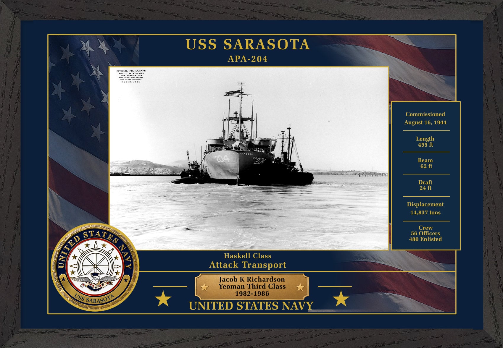 USS Sarasota APA-204 Framed Patriotic Photo