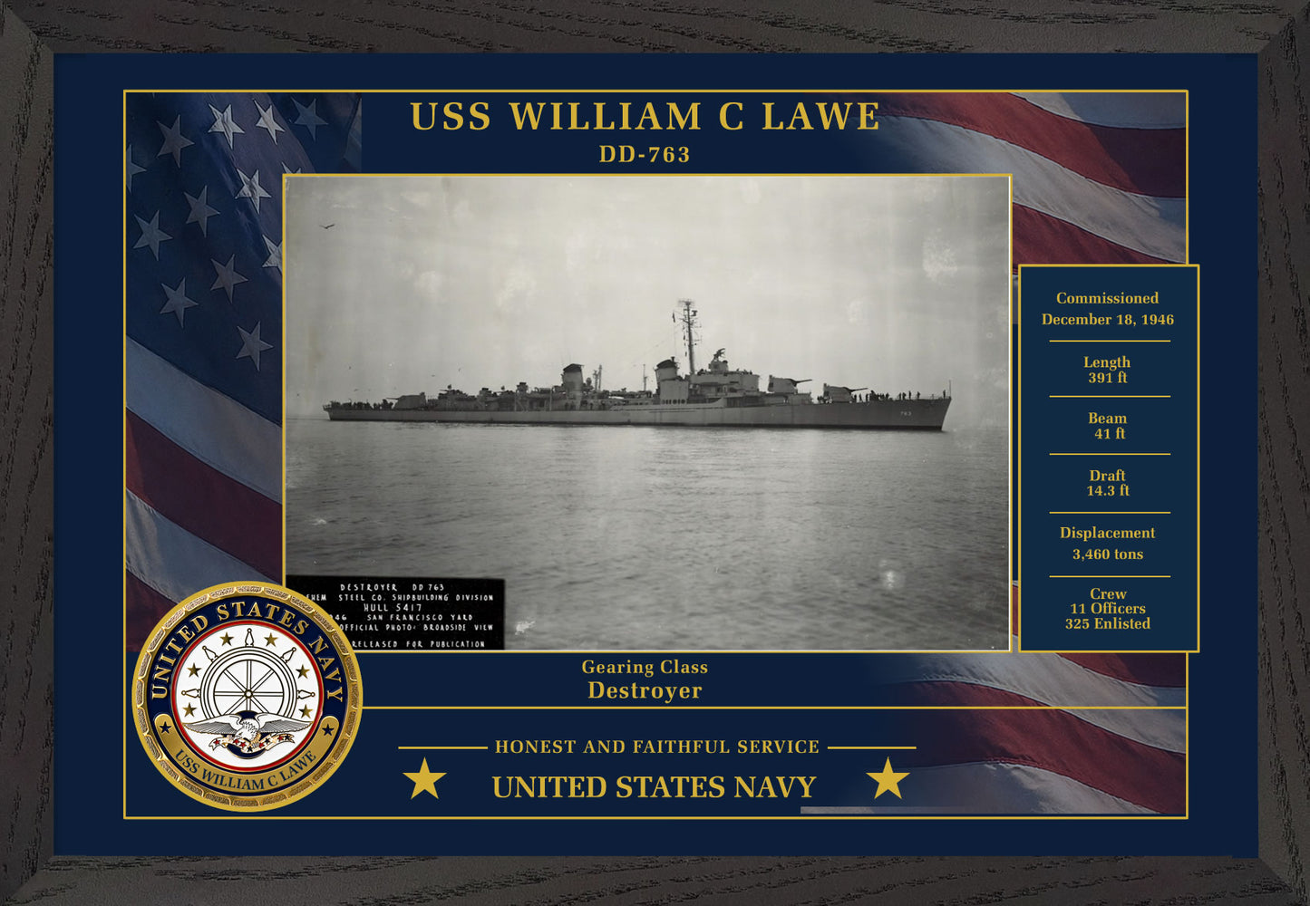 USS William C Lawe DD-763 Framed Patriotic Photo