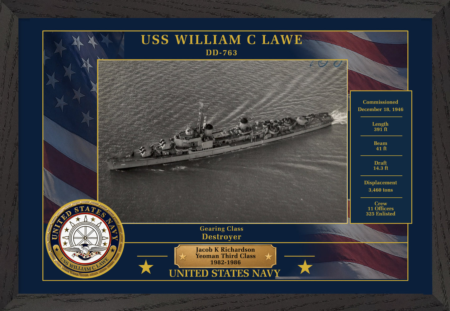USS William C Lawe DD-763 Framed Patriotic Photo