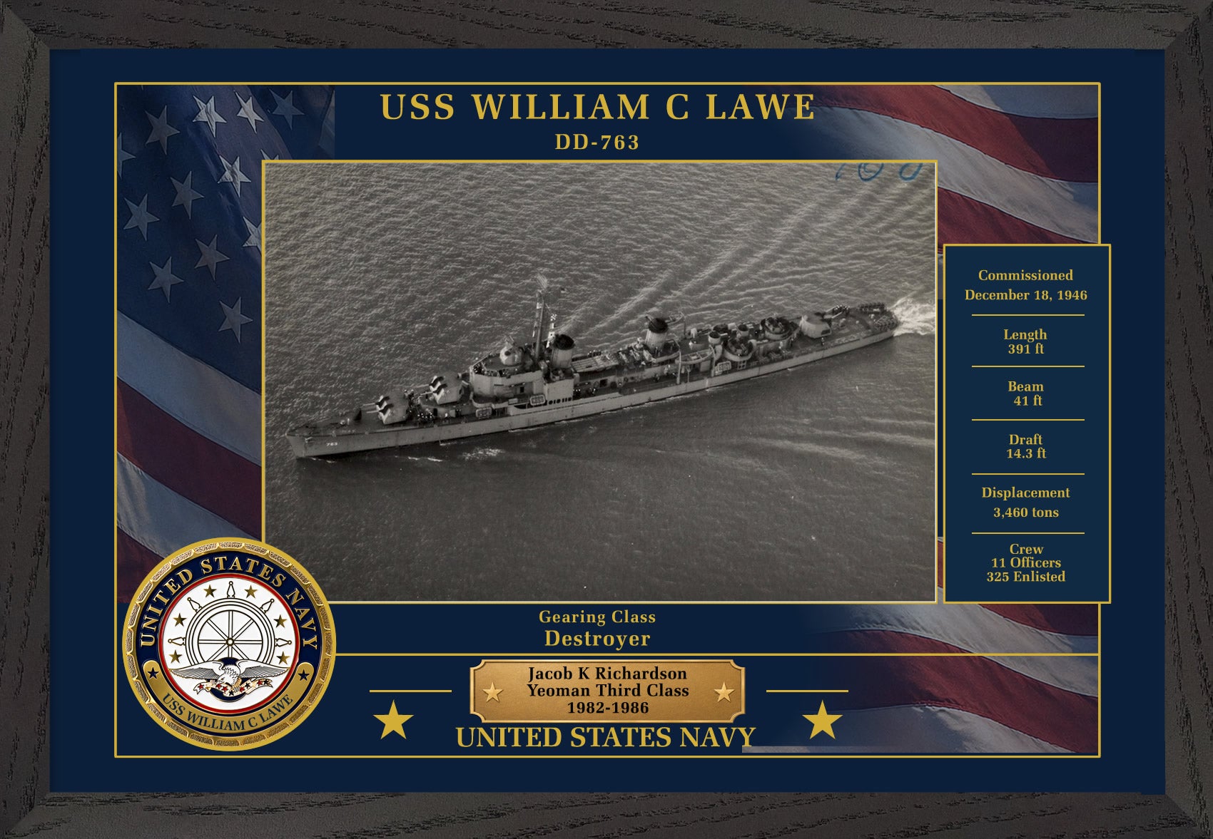 USS William C Lawe DD-763 Framed Patriotic Photo