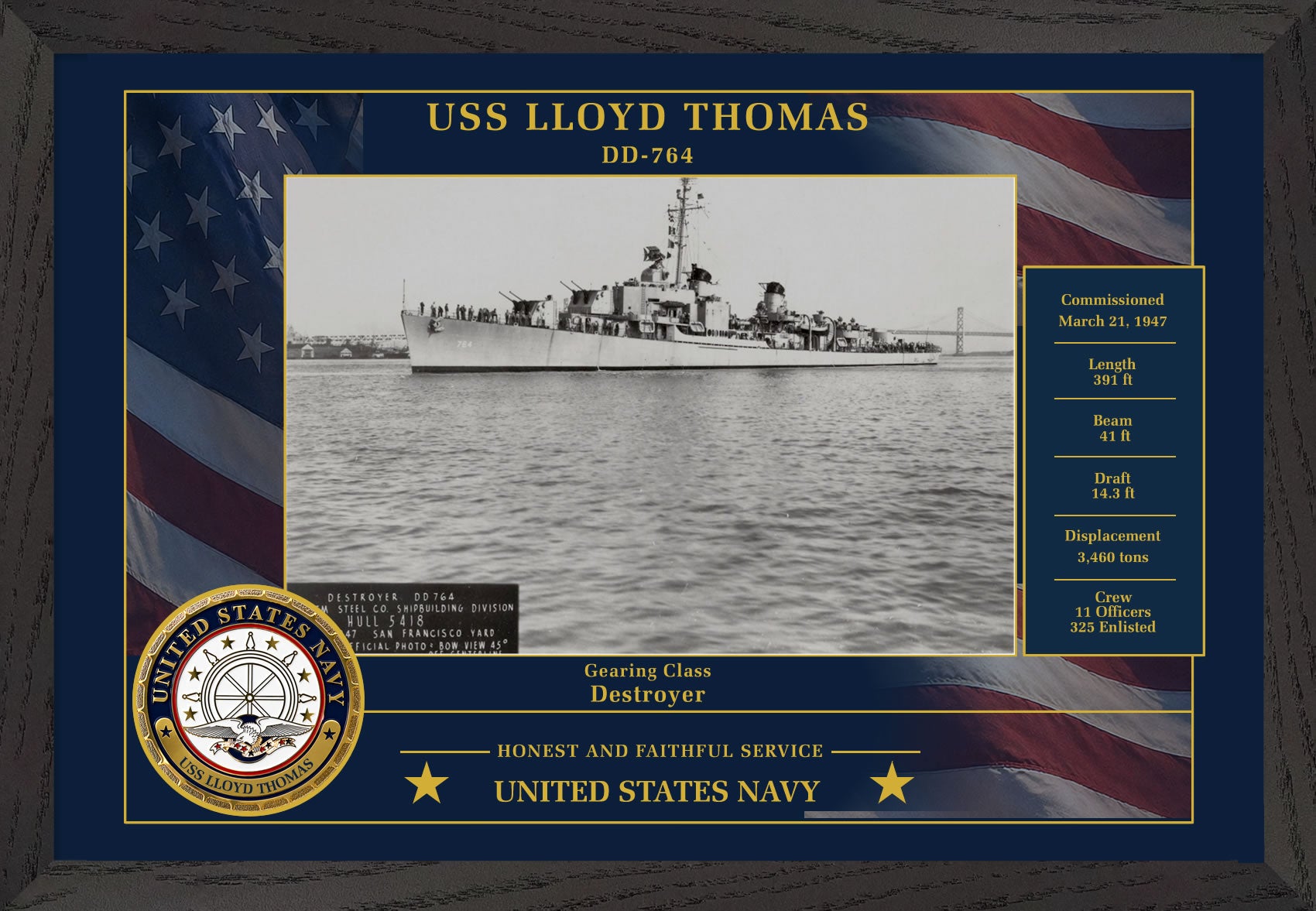 USS Lloyd Thomas DD-764 Framed Patriotic Photo