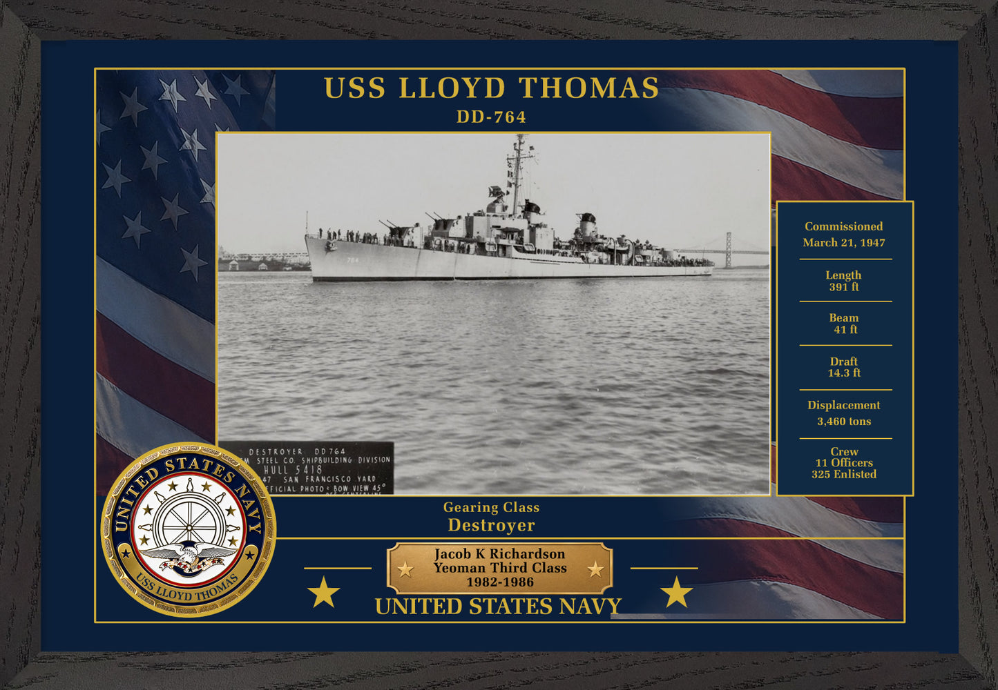 USS Lloyd Thomas DD-764 Framed Patriotic Photo