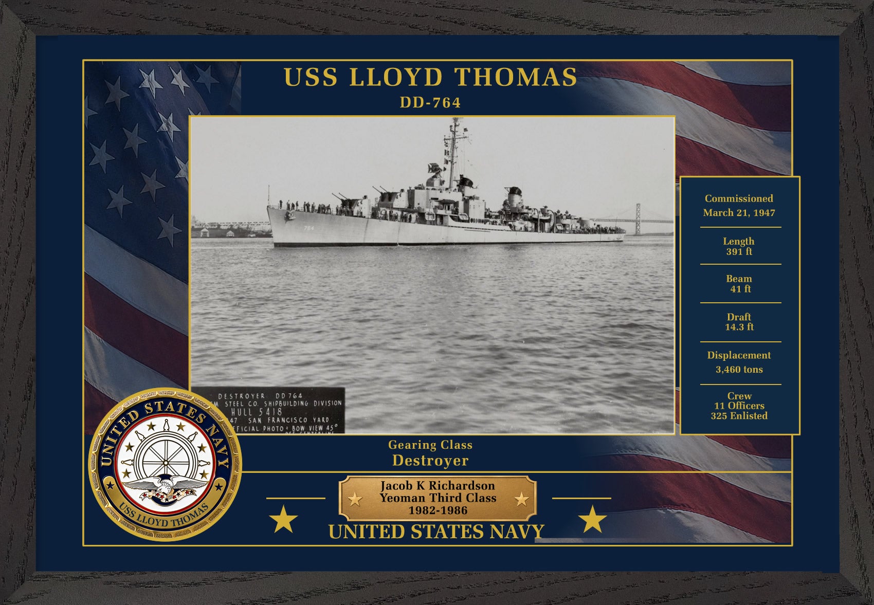 USS Lloyd Thomas DD-764 Framed Patriotic Photo