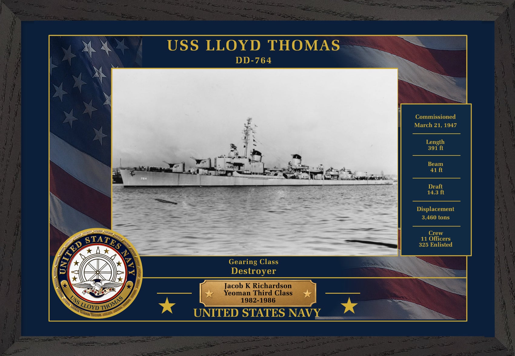 USS Lloyd Thomas DD-764 Framed Patriotic Photo