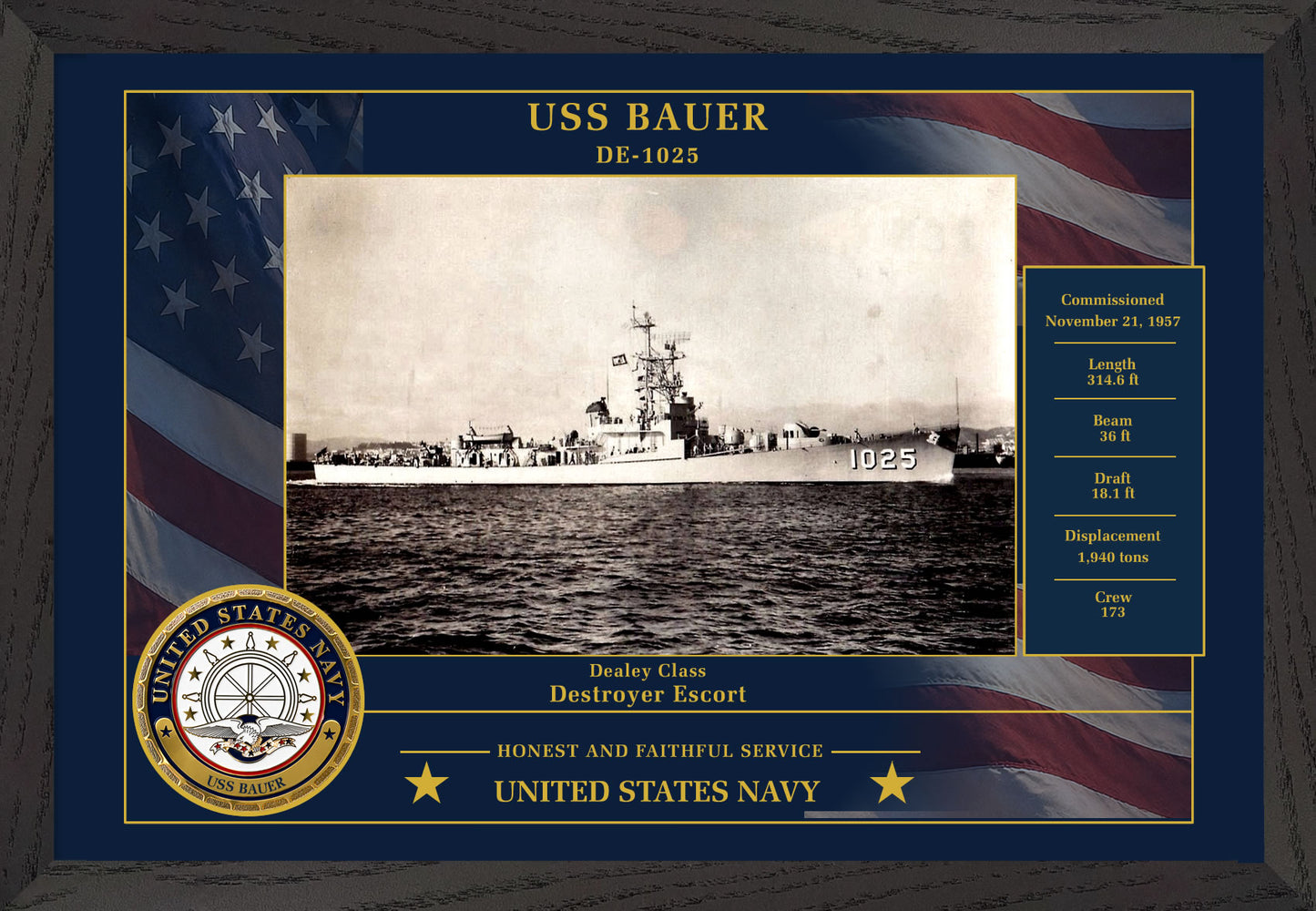 USS Bauer DE-1025 Framed Patriotic Photo