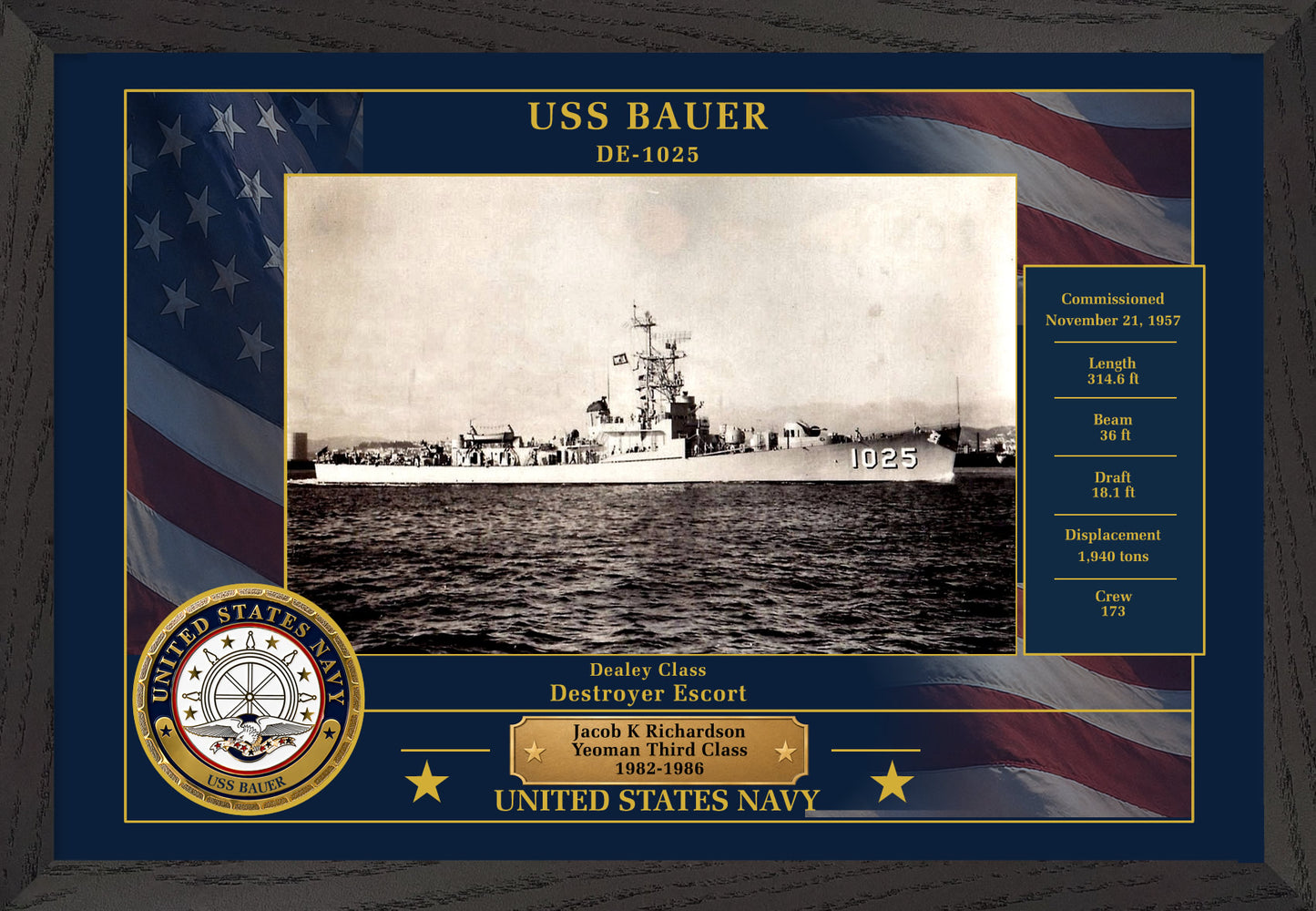 USS Bauer DE-1025 Framed Patriotic Photo