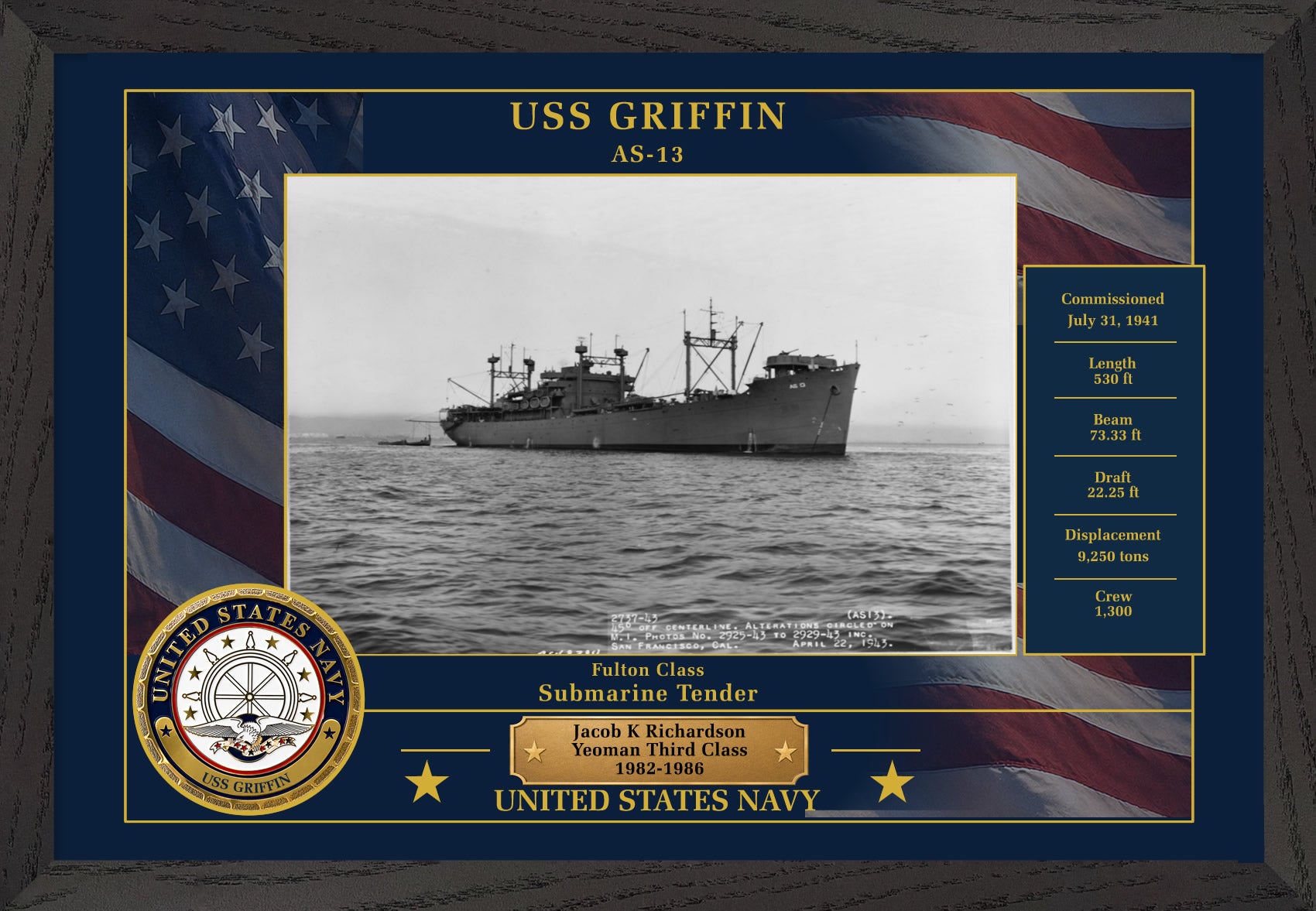 USS Griffin AS-13 Framed Patriotic Photo