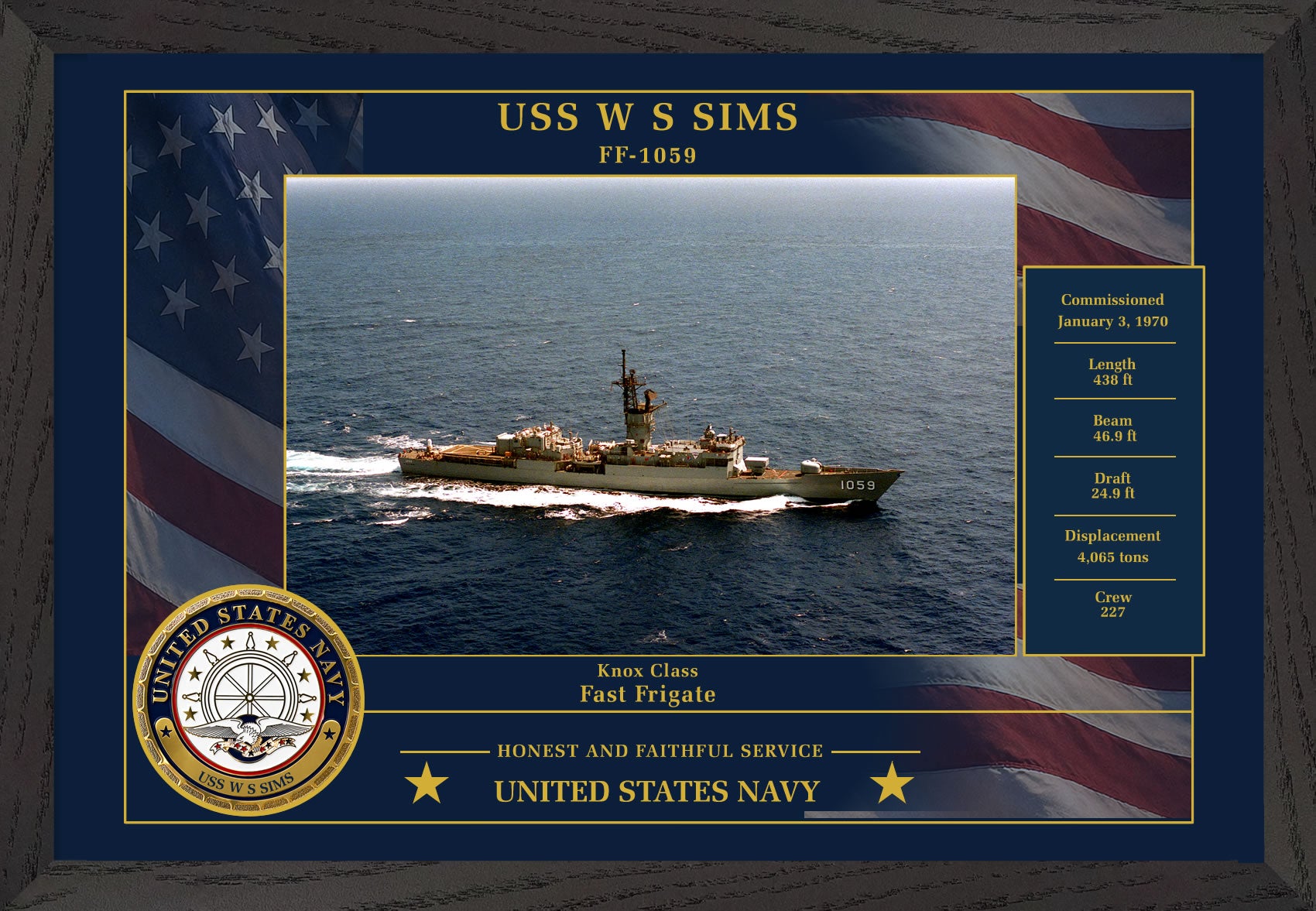 USS W S Sims FF-1059 Framed Patriotic Photo