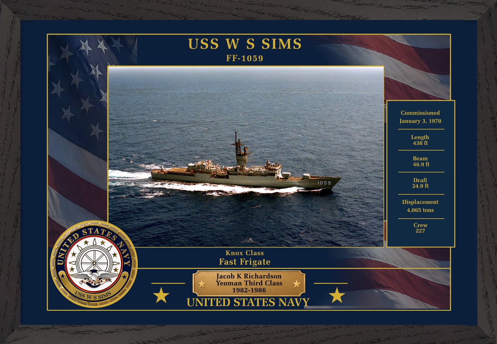 USS W S Sims FF-1059 Framed Patriotic Photo