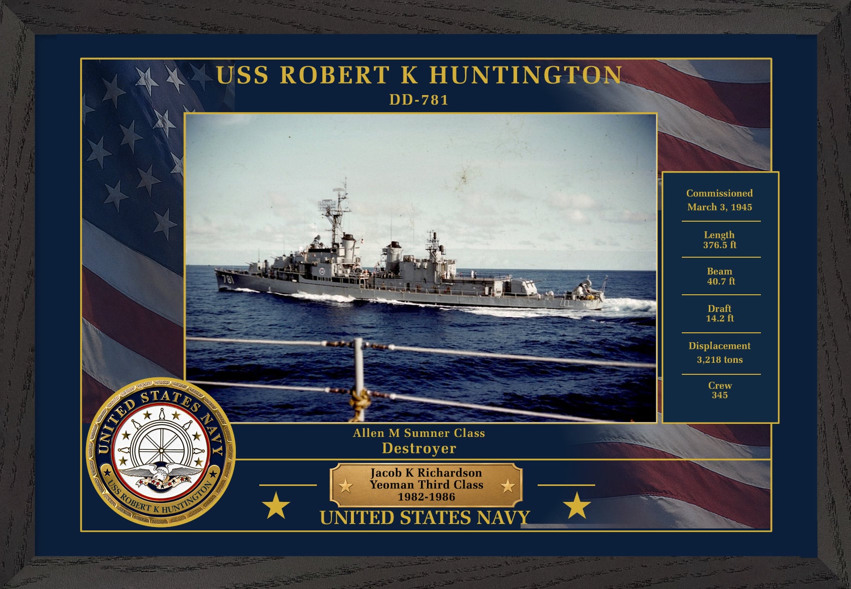 USS Robert K Huntington DD-781 Framed Patriotic Photo