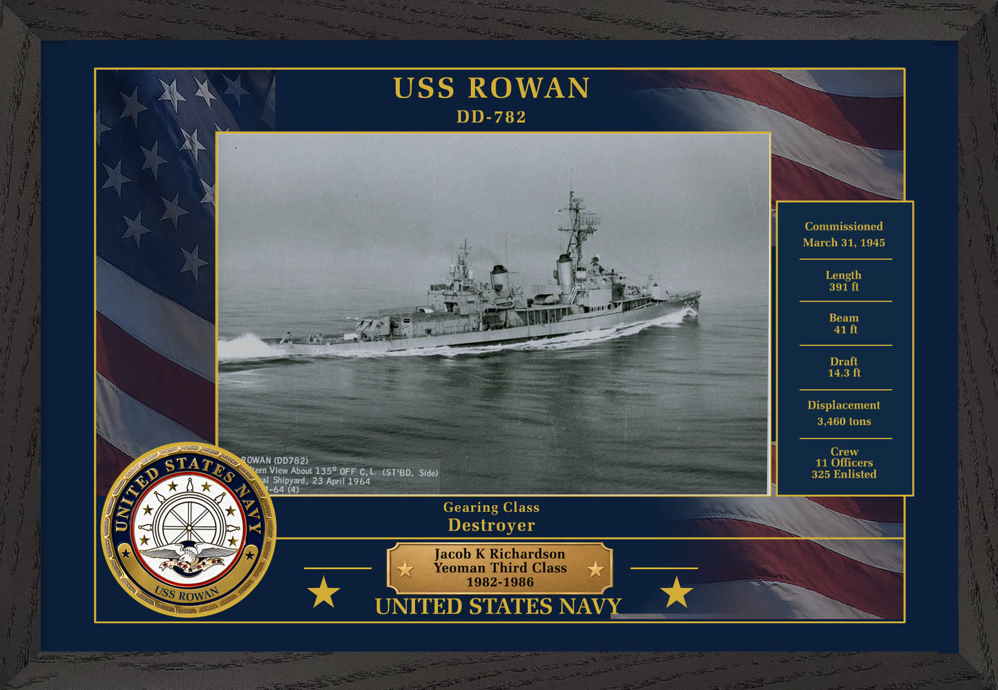 USS Rowan DD-782 Framed Patriotic Photo
