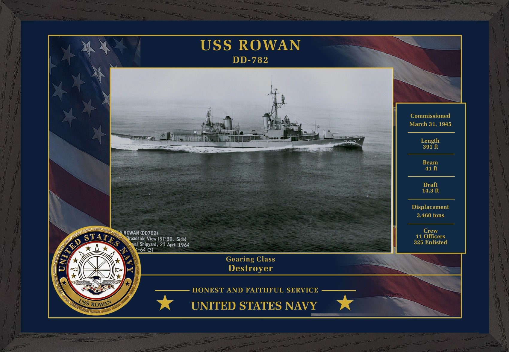 USS Rowan DD-782 Framed Patriotic Photo