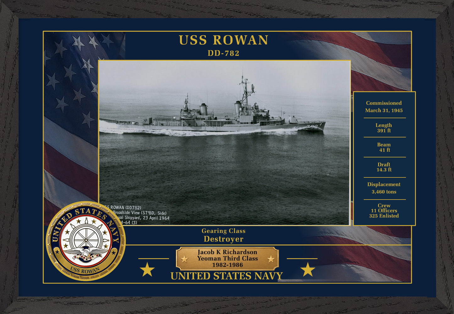 USS Rowan DD-782 Framed Patriotic Photo