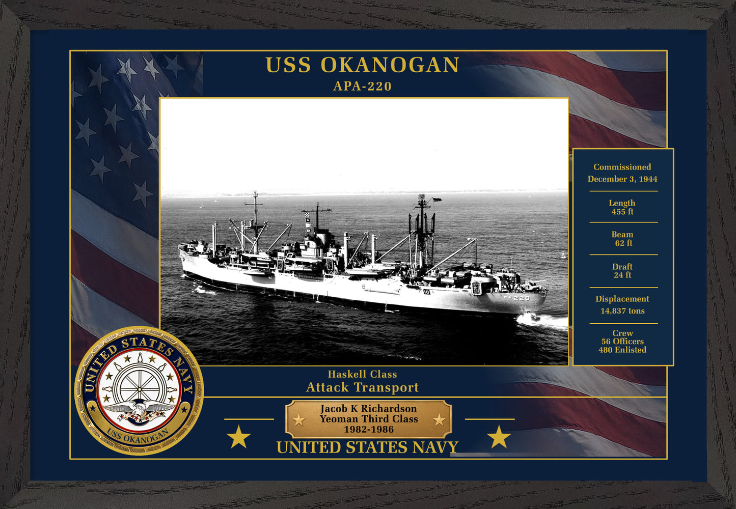USS Okanogan APA-220 Framed Patriotic Photo