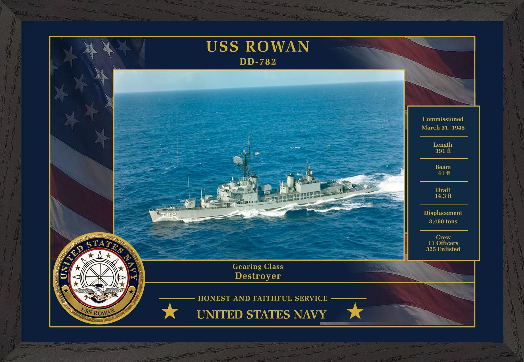 USS Rowan DD-782 Framed Patriotic Photo