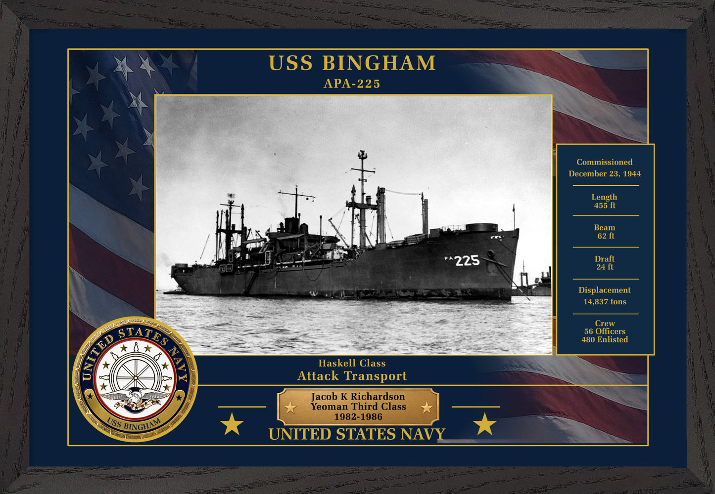 USS Bingham APA-225 Framed Patriotic Photo