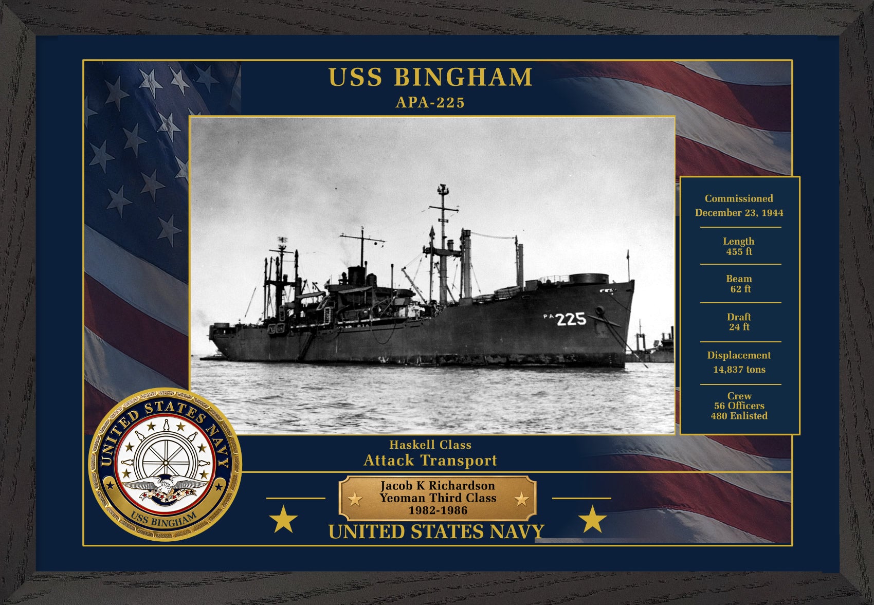USS Bingham APA-225 Framed Patriotic Photo
