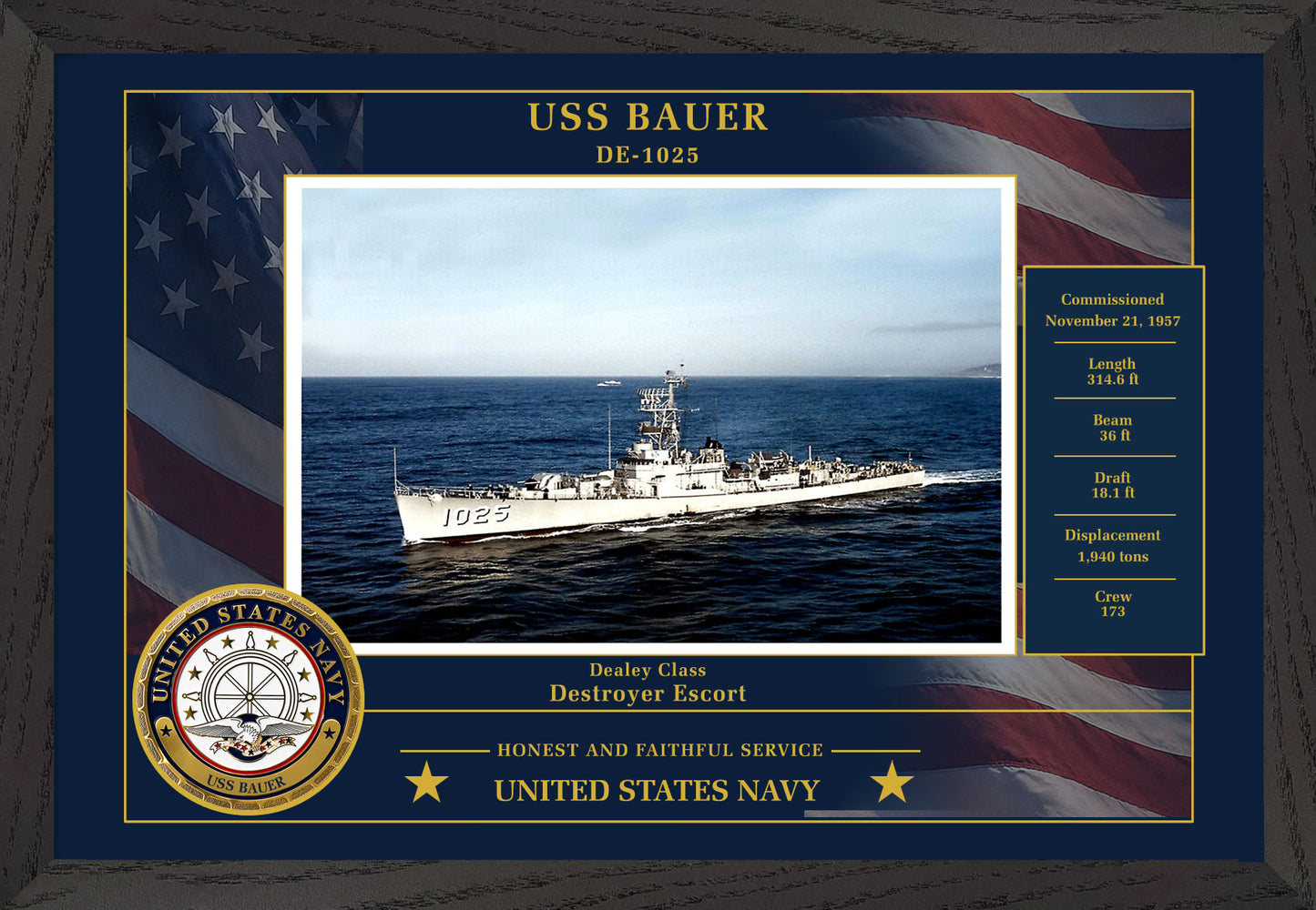 USS Bauer DE-1025 Framed Patriotic Photo