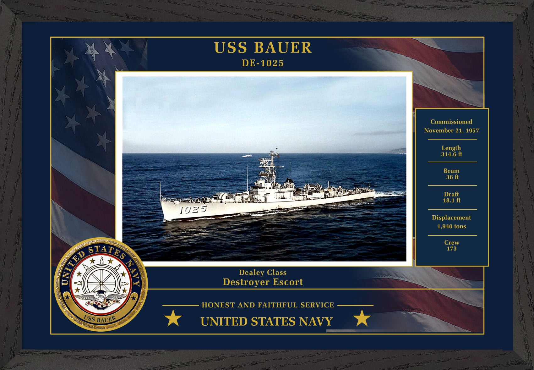 USS Bauer DE-1025 Framed Patriotic Photo