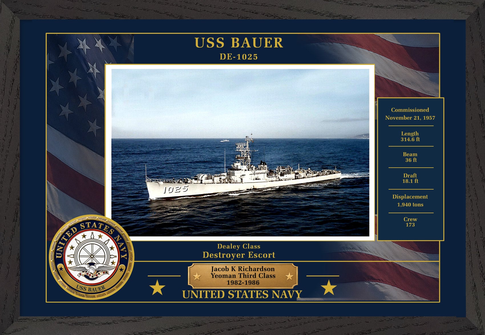 USS Bauer DE-1025 Framed Patriotic Photo
