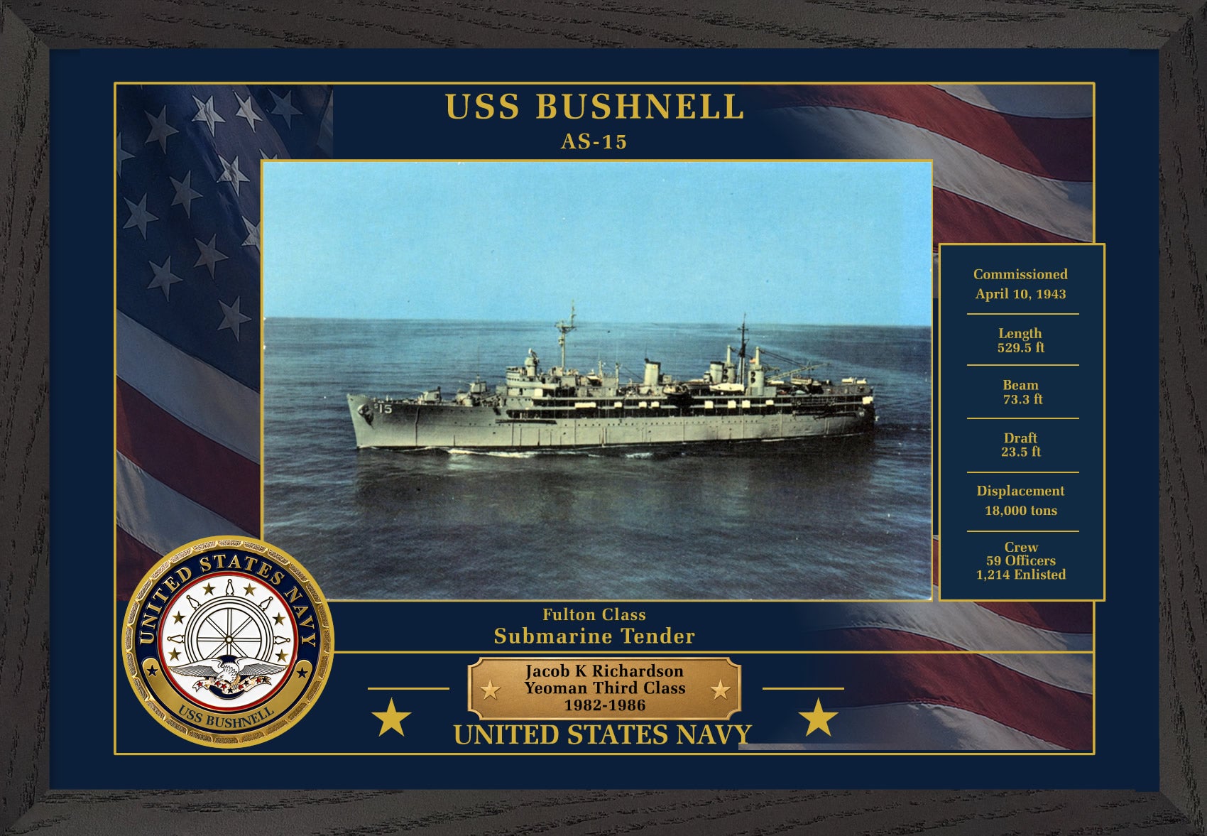USS Bushnell AS-15 Framed Patriotic Photo