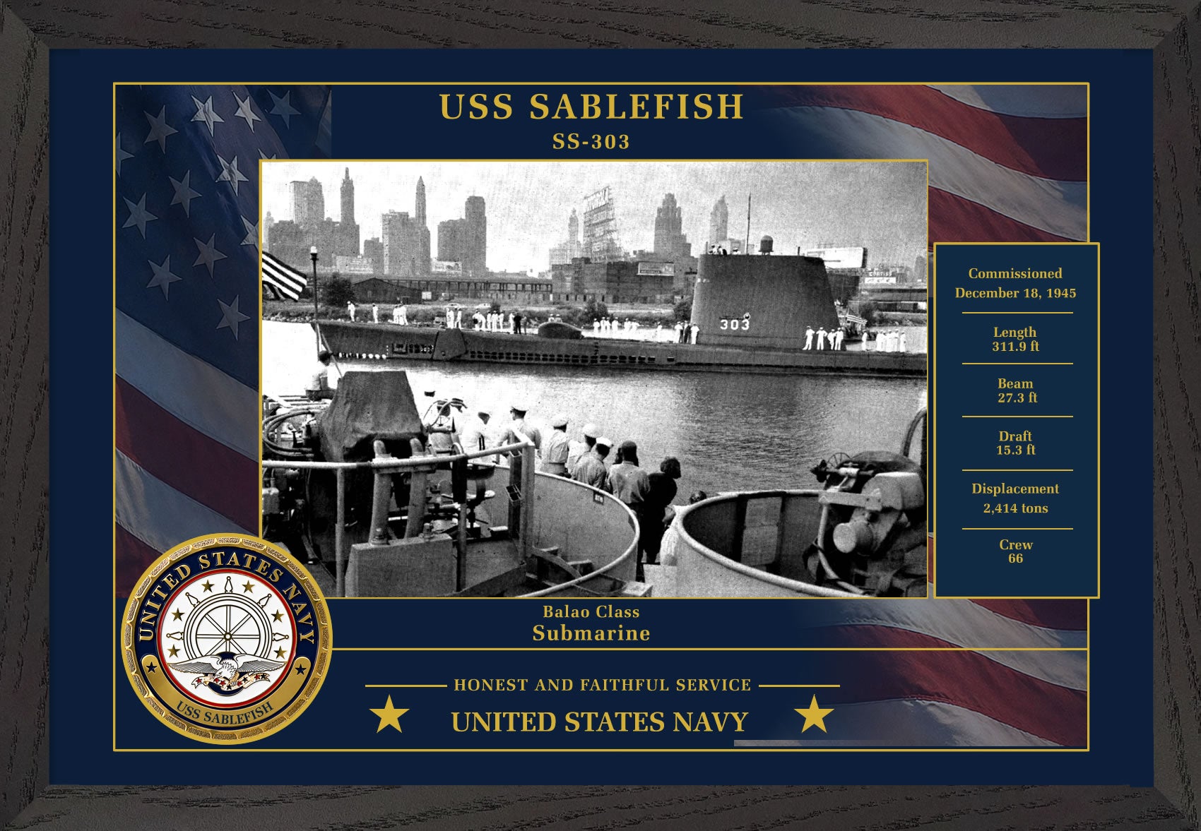 USS Sablefish SS-303 Framed Patriotic Photo