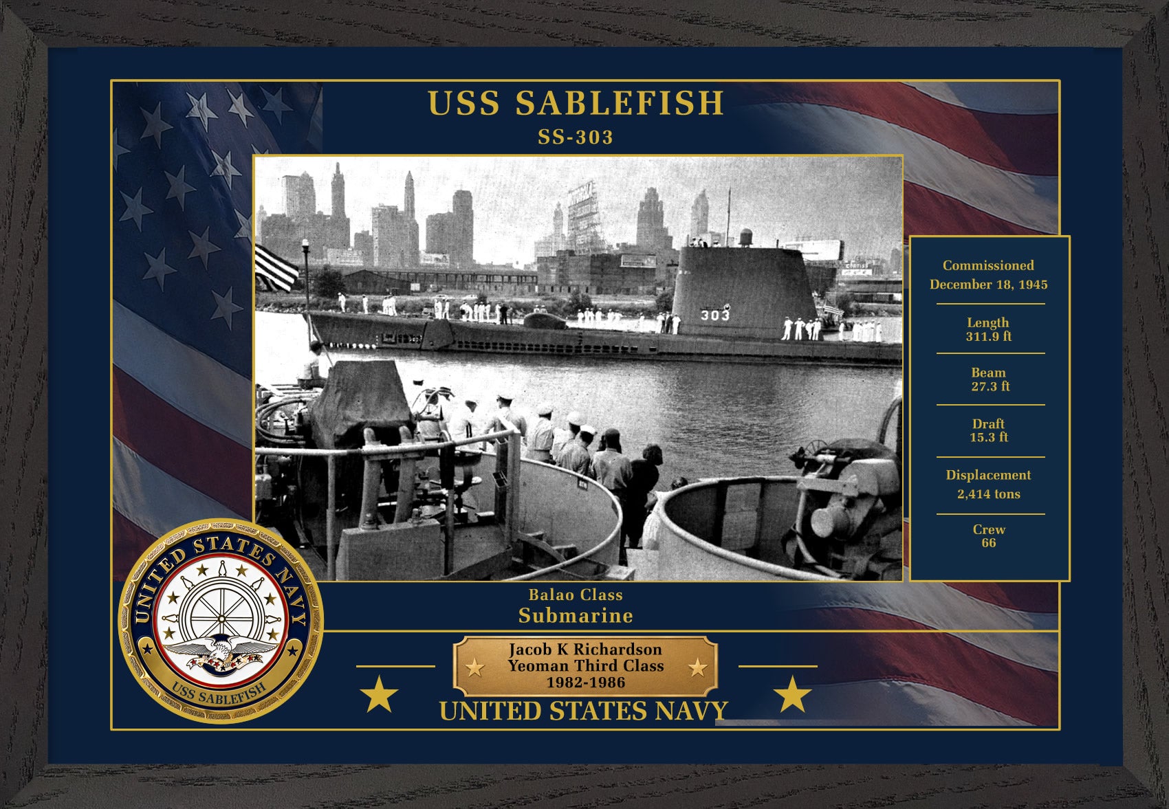 USS Sablefish SS-303 Framed Patriotic Photo