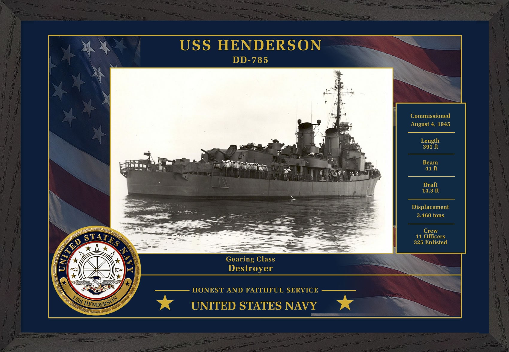 USS Henderson DD-785 Framed Patriotic Photo