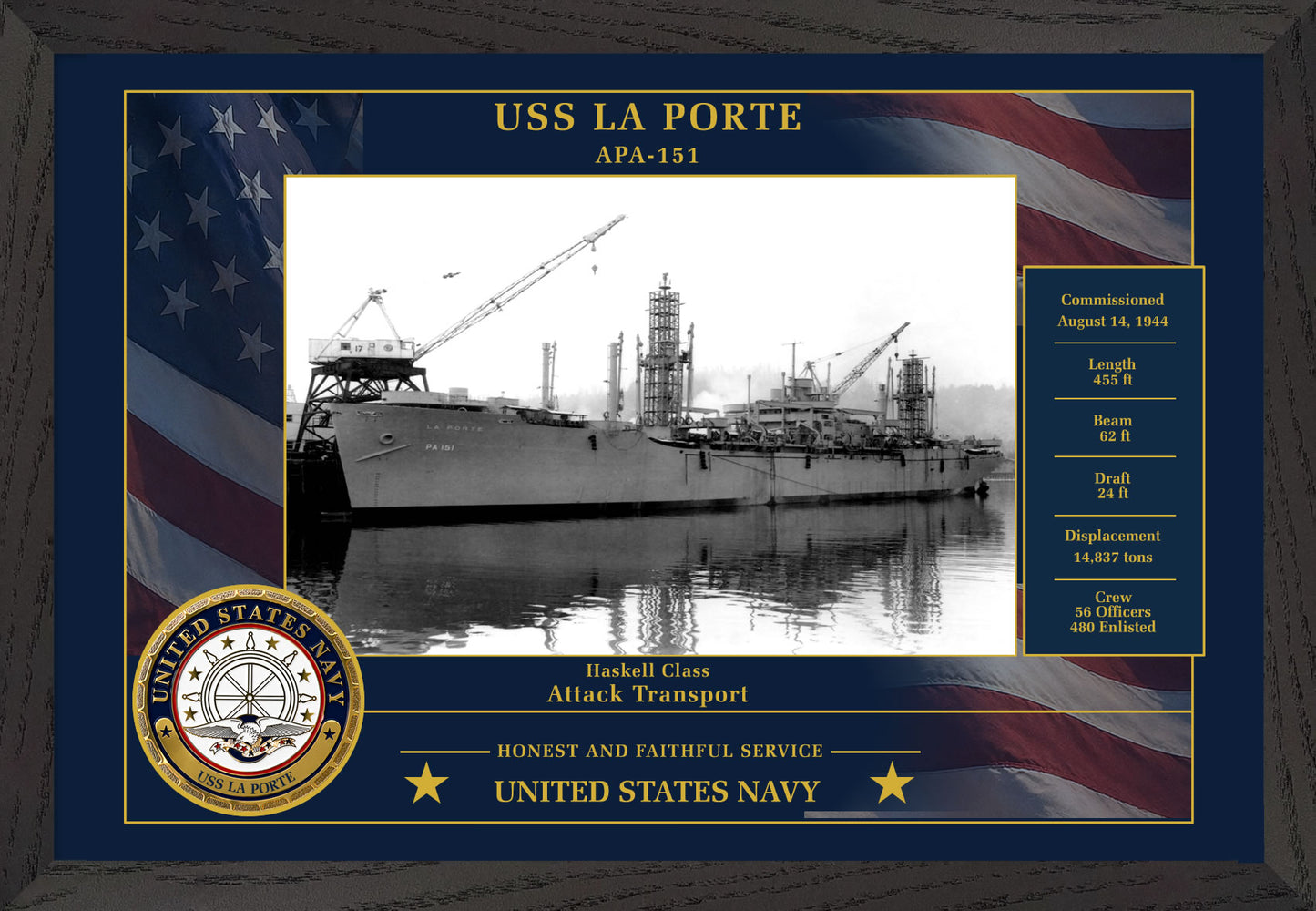 USS La Porte APA-151 Framed Patriotic Photo