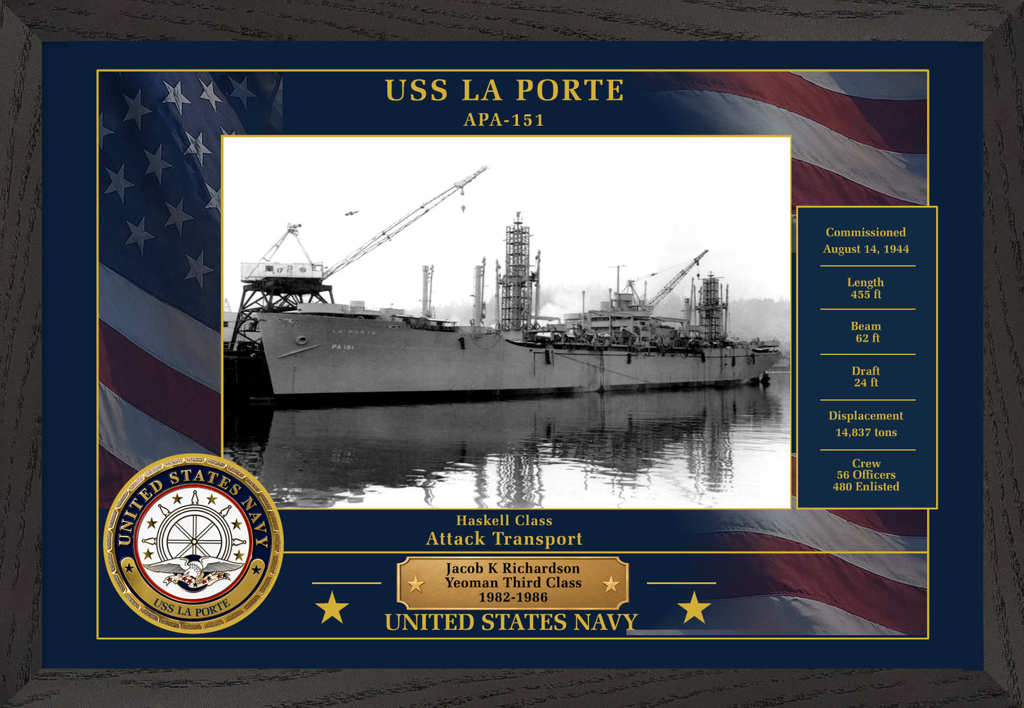 USS La Porte APA-151 Framed Patriotic Photo
