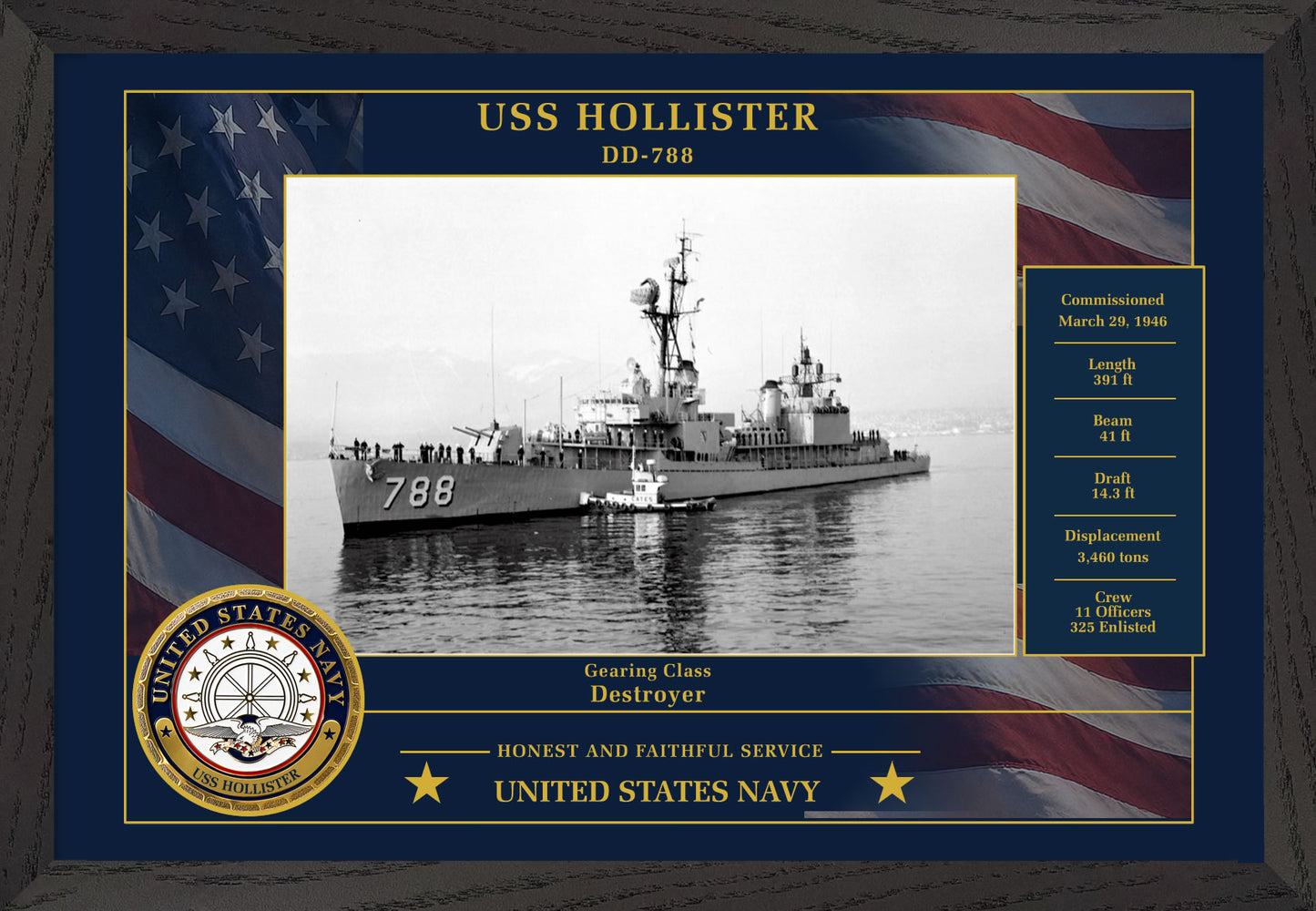USS Hollister DD-788 Framed Patriotic Photo