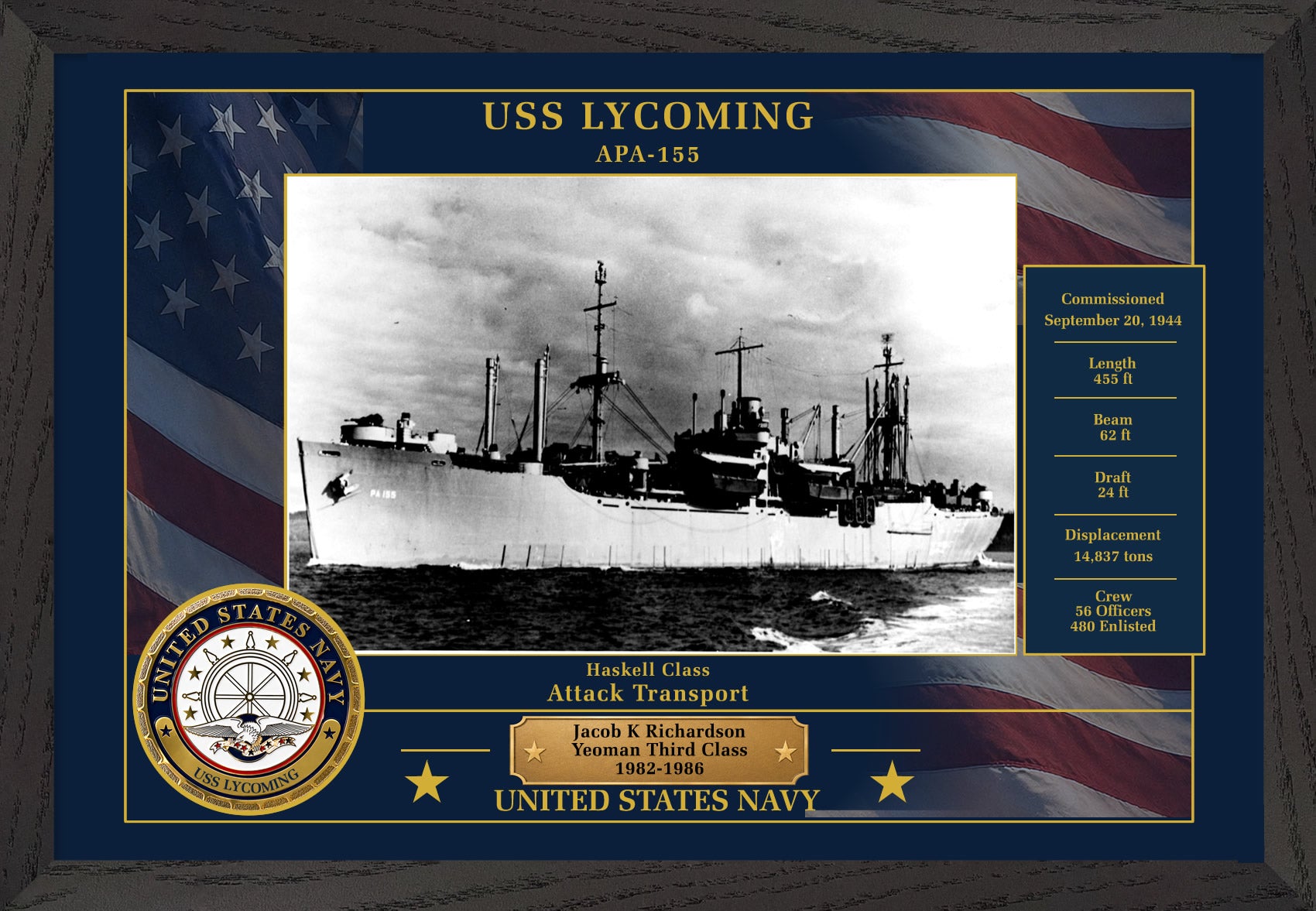 USS Lycoming APA-155 Framed Patriotic Photo