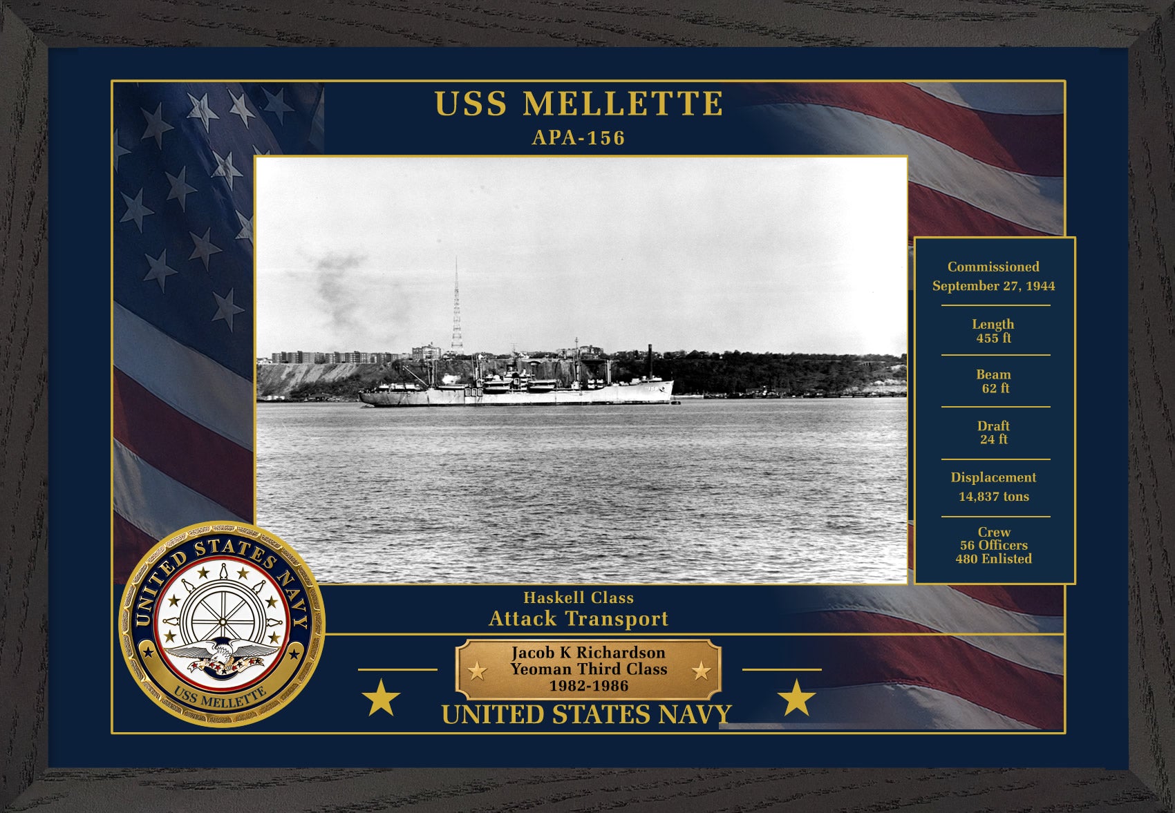 USS Mellette APA-156 Framed Patriotic Photo