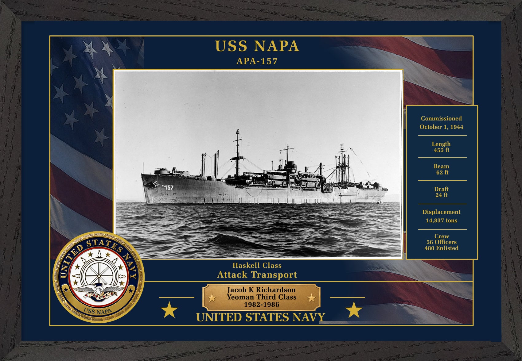 USS Napa APA-157 Framed Patriotic Photo