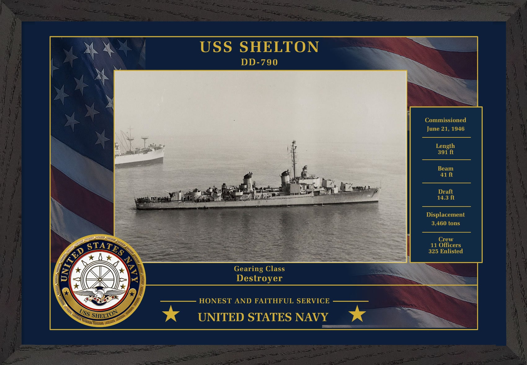 USS Shelton DD-790 Framed Patriotic Photo