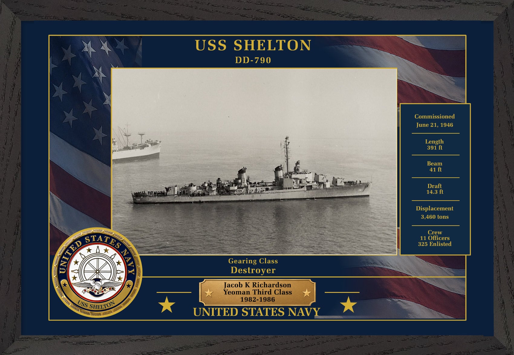 USS Shelton DD-790 Framed Patriotic Photo