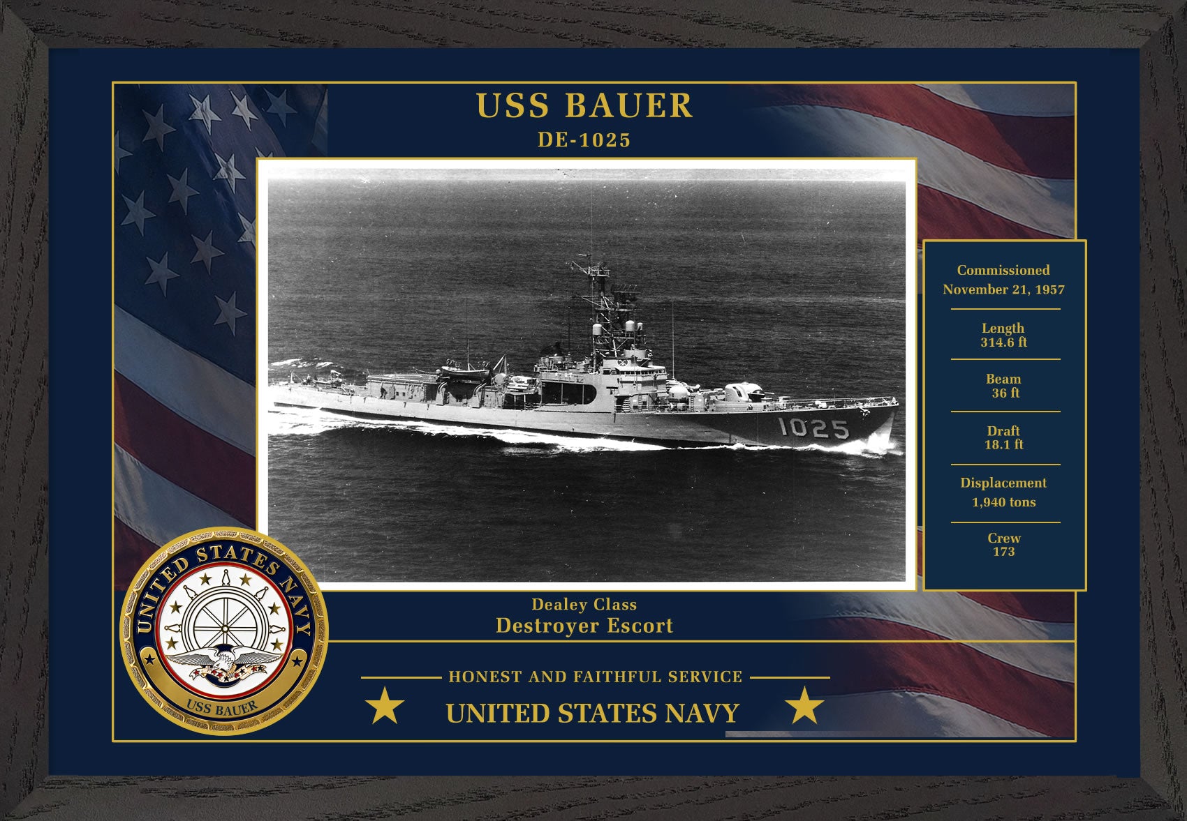 USS Bauer DE-1025 Framed Patriotic Photo